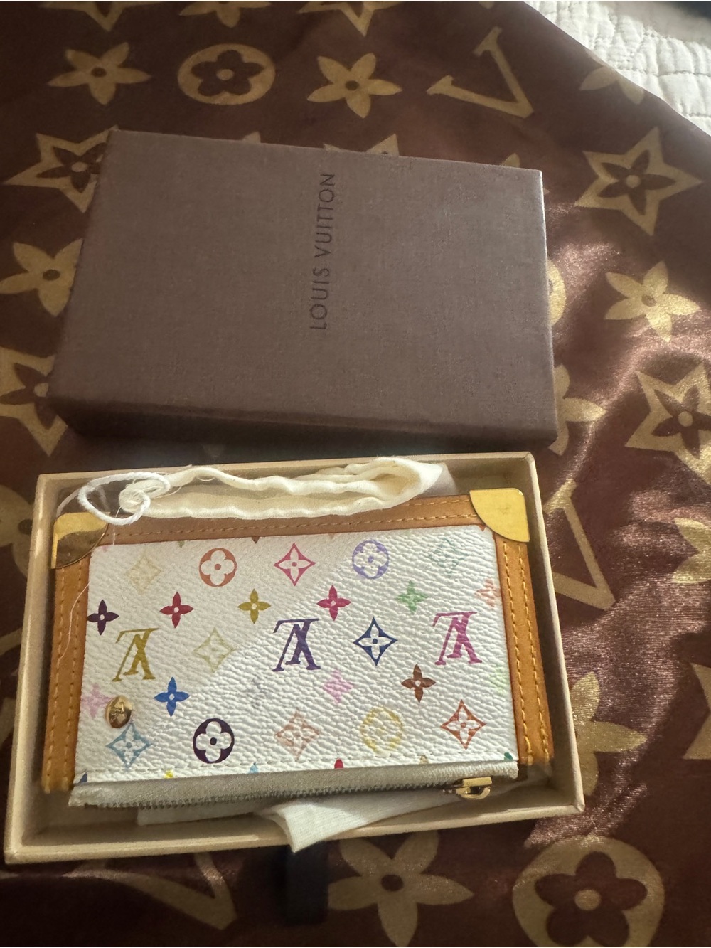 Louis Vuitton White Multicolor Monogram Card Wallet with Tan Trim